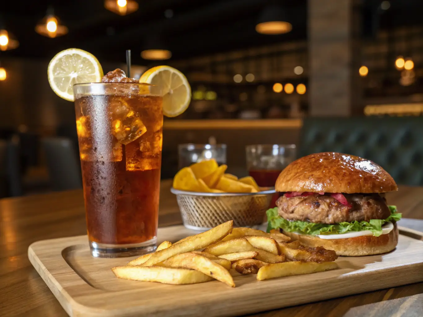 A refreshing glass of iced tea with lemon, next to a Swiss Chalet meal, highlighting the perfect beverage pairing.