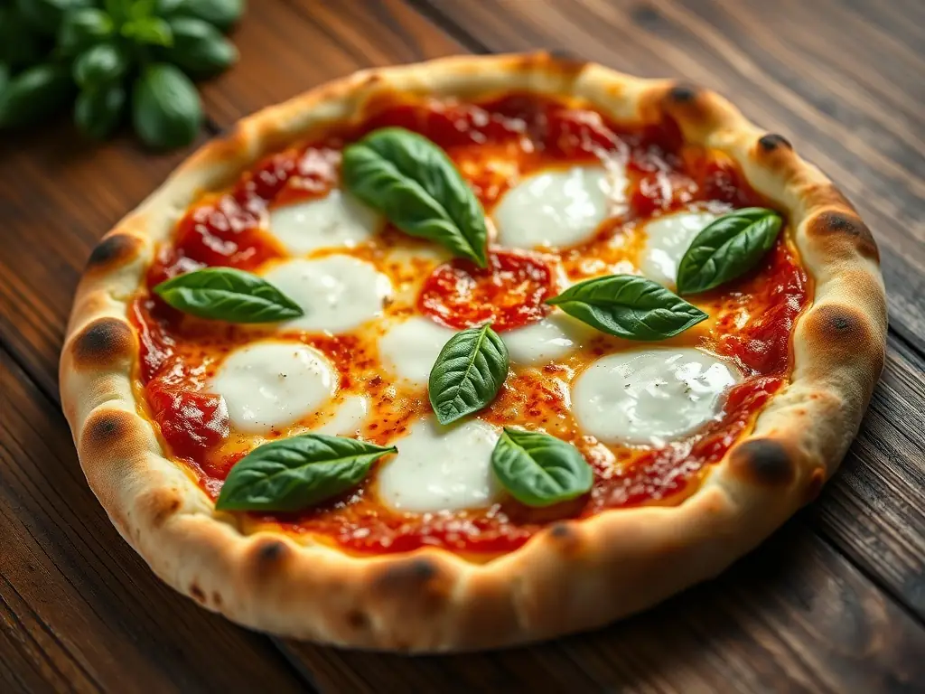 A close-up shot of a Swiss Chalet's Margherita pizza with fresh basil leaves, vibrant red tomatoes, and melted mozzarella cheese, showcasing its simple yet elegant presentation.